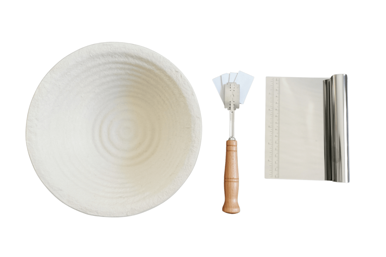 Round Classic Wood pulp basket with bread lame and stainless steel bench scraper